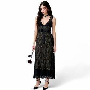 Mango Black Lace Maxi Dress - Sheer Mesh Bow Detail Gothic Witchy Fairy Grunge M